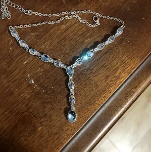 Avon Silver Filigree Chain & Lariat Necklace with Blue Glass Jewels